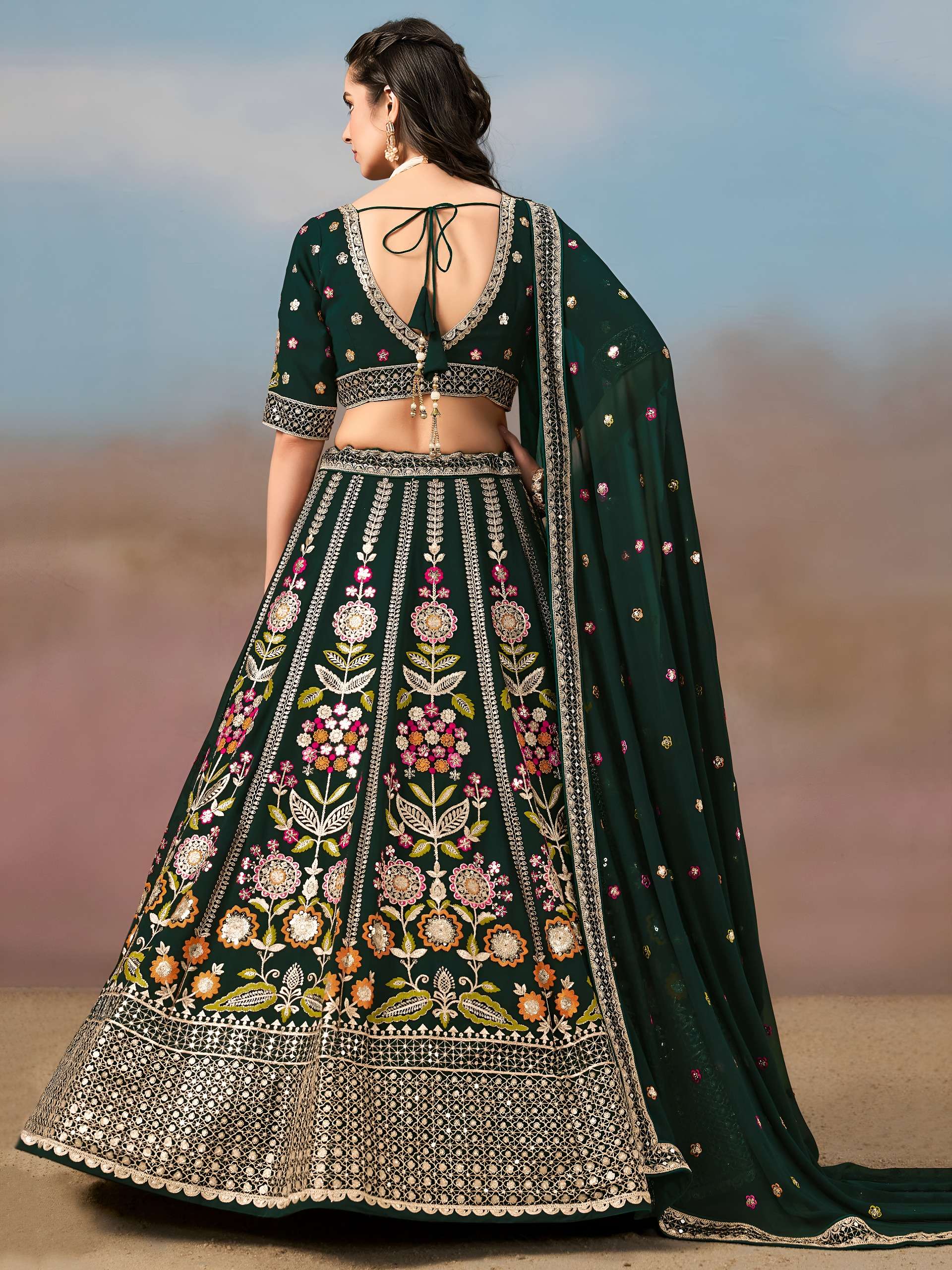 Bottle Green Multicolor colour Georgette and Floral fabric with Embroidered work Lehenga choli wholesale in surat 6008 Green 